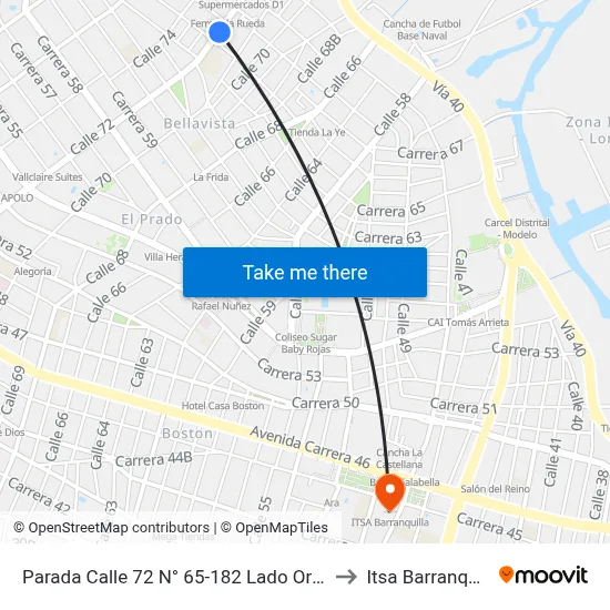 Parada Calle 72 N° 65-182 Lado Oriental to Itsa Barranquilla map