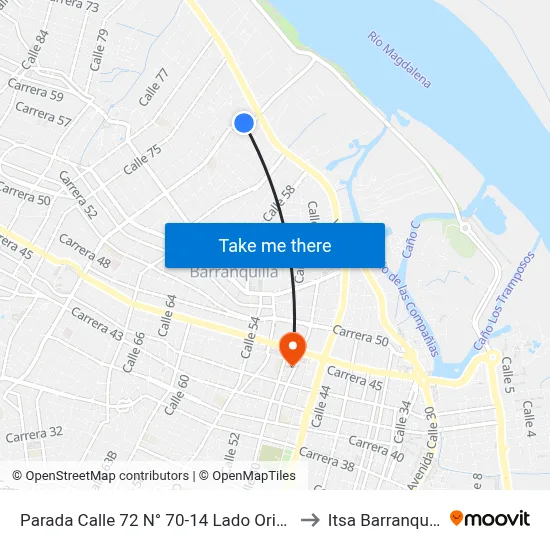 Parada Calle 72 N° 70-14 Lado Oriental to Itsa Barranquilla map