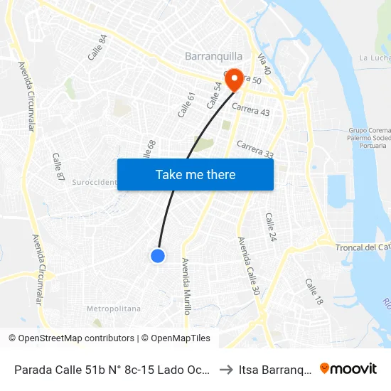 Parada Calle 51b N° 8c-15 Lado Occidental to Itsa Barranquilla map