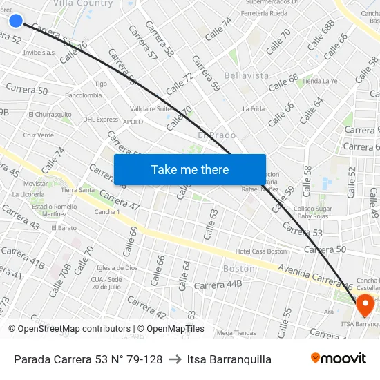 Parada Carrera 53 N° 79-128 to Itsa Barranquilla map