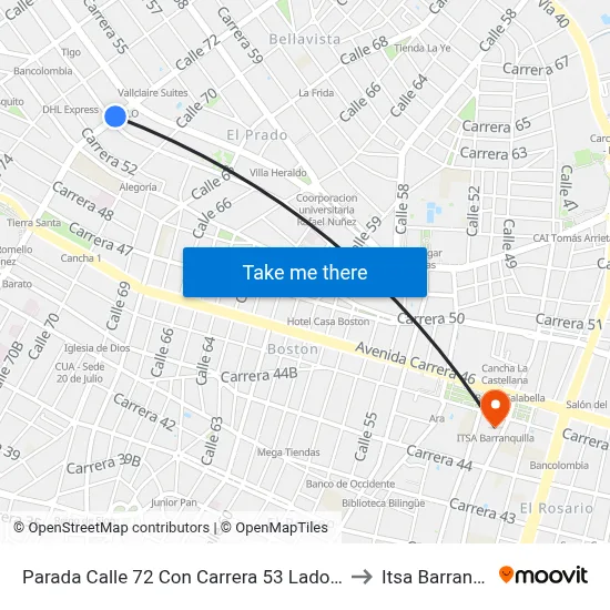 Parada Calle 72 Con Carrera 53 Lado Occidental to Itsa Barranquilla map