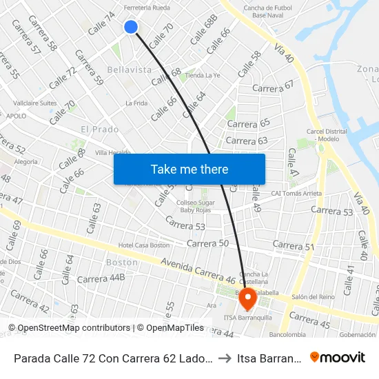 Parada Calle 72 Con Carrera 62 Lado Occidental to Itsa Barranquilla map
