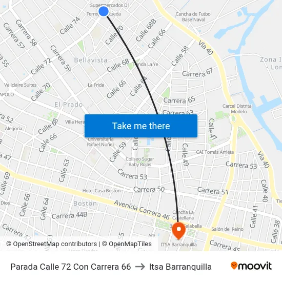 Parada Calle 72 Con Carrera 66 to Itsa Barranquilla map