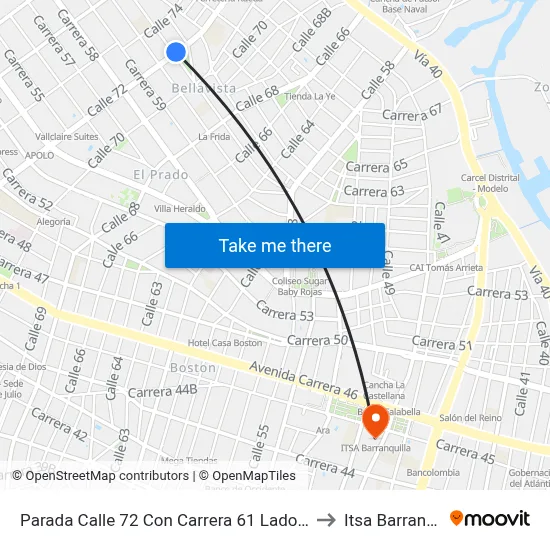 Parada Calle 72 Con Carrera 61 Lado Occidental to Itsa Barranquilla map