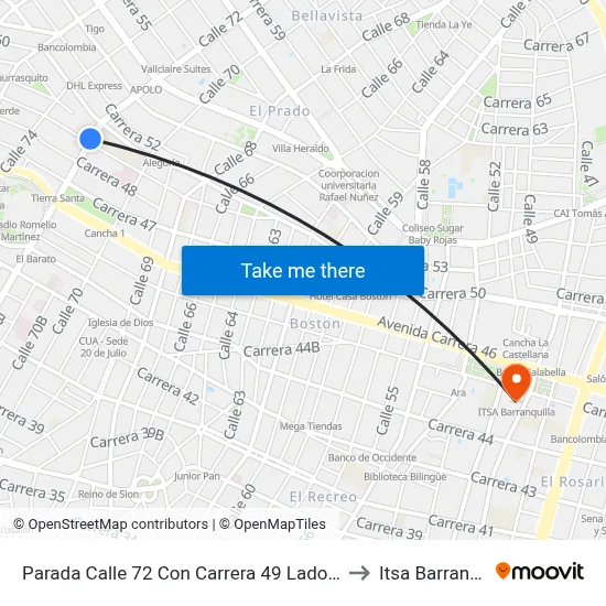 Parada Calle 72 Con Carrera 49 Lado Occidental to Itsa Barranquilla map