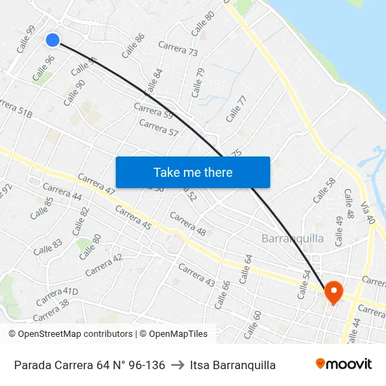 Parada Carrera 64 N° 96-136 to Itsa Barranquilla map