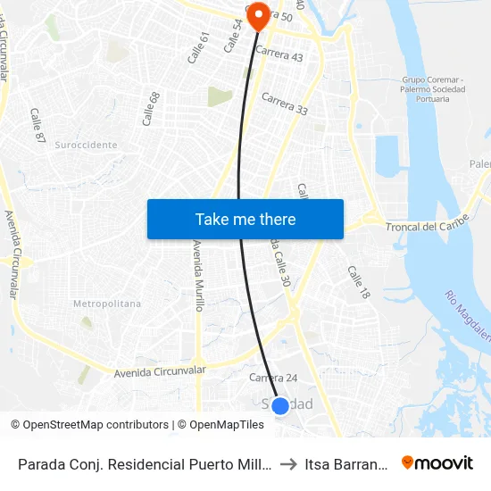 Parada Conj.  Residencial  Puerto Millo  Soledad to Itsa Barranquilla map