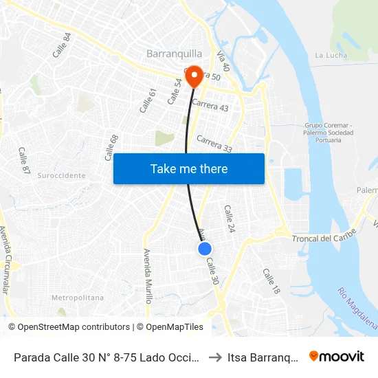Parada Calle 30 N° 8-75 Lado Occidental to Itsa Barranquilla map