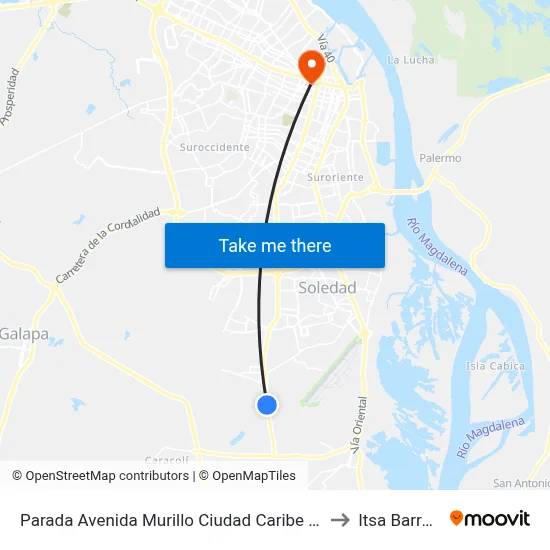 Parada Avenida Murillo Ciudad Caribe Real Lado Occidente to Itsa Barranquilla map