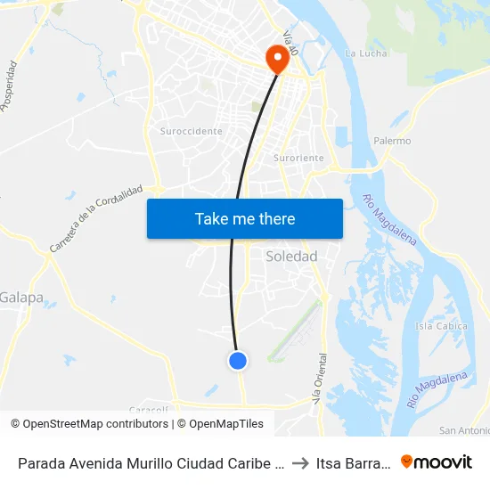 Parada Avenida Murillo Ciudad Caribe Real Lado Oriente to Itsa Barranquilla map