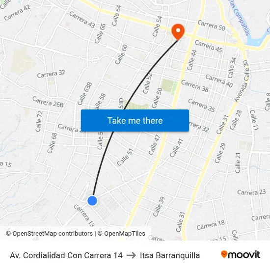 Av. Cordialidad Con Carrera 14 to Itsa Barranquilla map