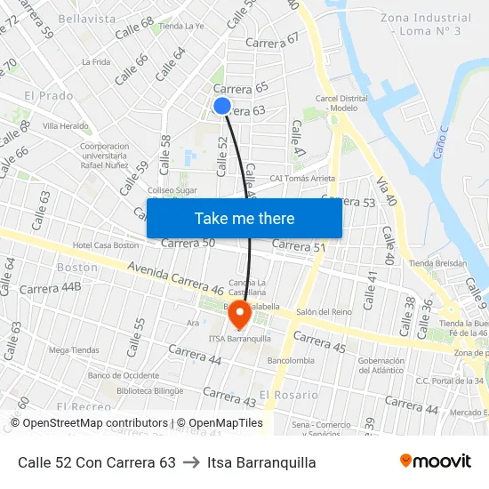 Calle 52 Con Carrera 63 to Itsa Barranquilla map