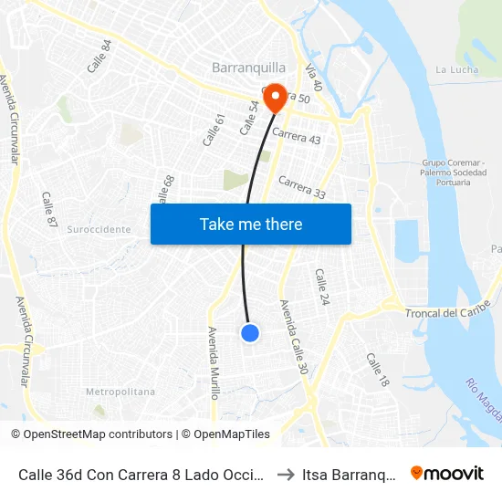 Calle 36d Con Carrera 8 Lado Occidental to Itsa Barranquilla map
