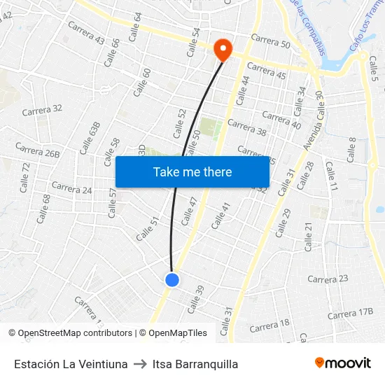 Estación La Veintiuna to Itsa Barranquilla map