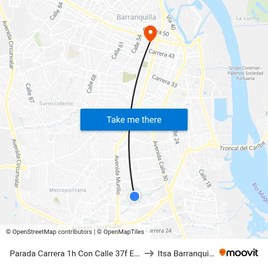 Parada Carrera 1h Con Calle 37f Esq. to Itsa Barranquilla map