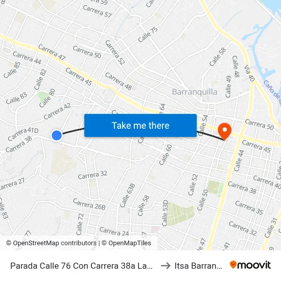 Parada Calle 76 Con Carrera 38a Lado Oriental to Itsa Barranquilla map