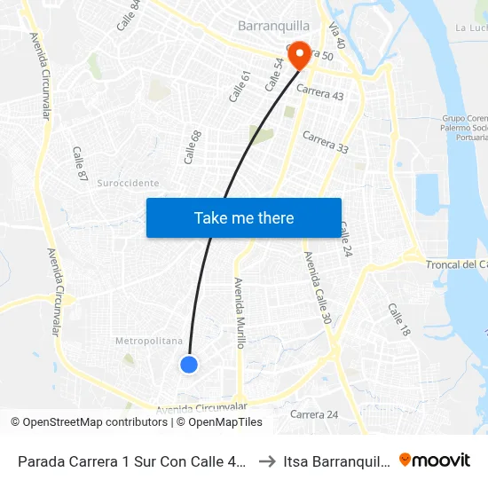 Parada Carrera 1 Sur Con Calle 48c to Itsa Barranquilla map