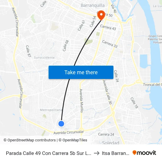 Parada Calle 49 Con Carrera 5b Sur Lado Oriental to Itsa Barranquilla map