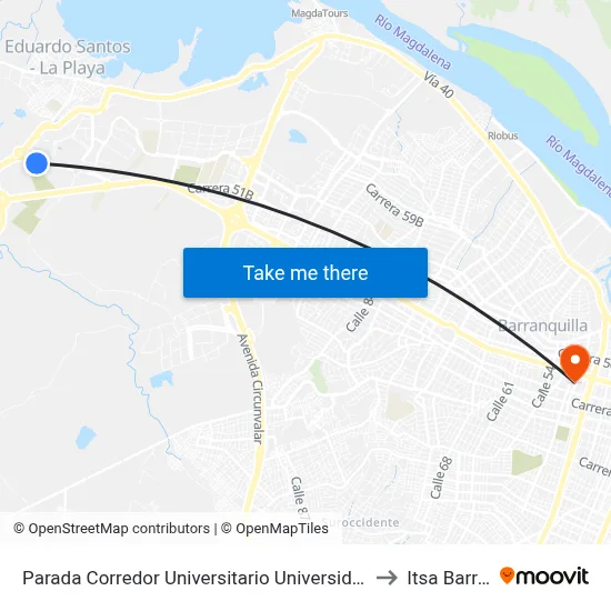 Parada Corredor Universitario Universidad Antonio Nariño Lado Sur to Itsa Barranquilla map