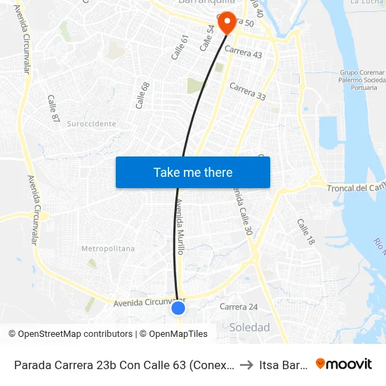Parada Carrera 23b Con Calle 63 (Conexión A Estación Pedro Ramayá) to Itsa Barranquilla map