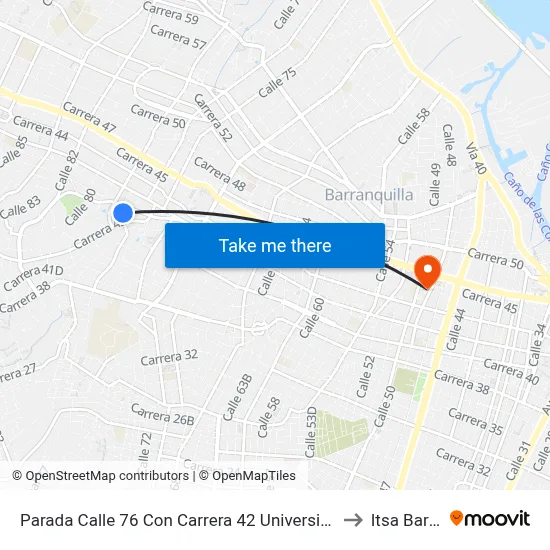 Parada Calle 76 Con Carrera 42 Universidad Metropolitana Lado Oriental to Itsa Barranquilla map