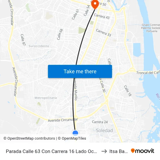 Parada Calle 63 Con Carrera 16 Lado Occidental (Conexión A Est. Pacho Galán) to Itsa Barranquilla map