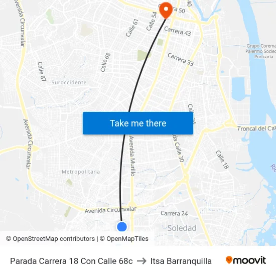 Parada Carrera 18 Con Calle 68c to Itsa Barranquilla map