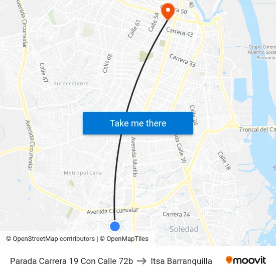 Parada Carrera 19 Con Calle 72b to Itsa Barranquilla map