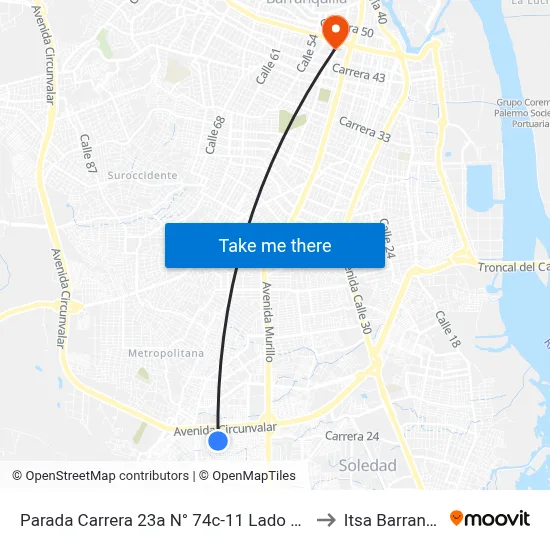 Parada Carrera 23a N° 74c-11 Lado Sur Soledad to Itsa Barranquilla map