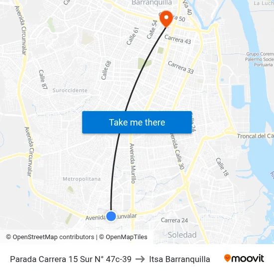 Parada Carrera 15 Sur N° 47c-39 to Itsa Barranquilla map