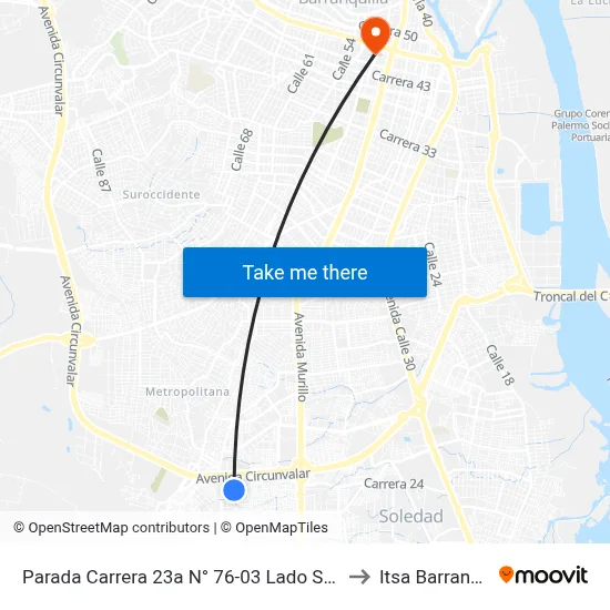 Parada Carrera 23a N° 76-03 Lado Sur Soledad to Itsa Barranquilla map