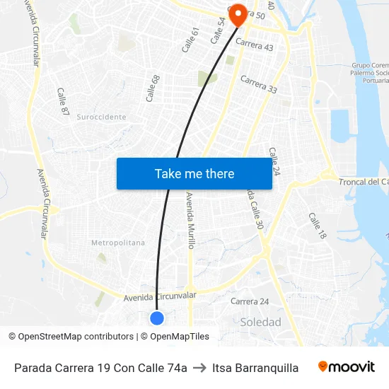 Parada Carrera 19 Con Calle 74a to Itsa Barranquilla map