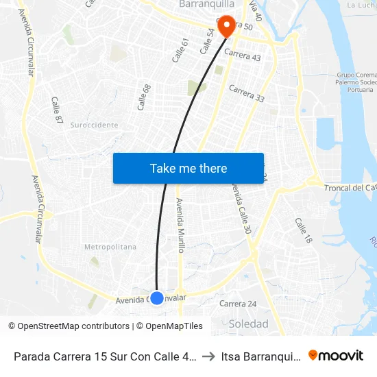 Parada Carrera 15 Sur Con Calle 46h to Itsa Barranquilla map