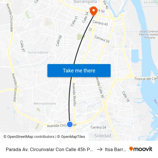 Parada Av. Circunvalar Con Calle 45h Puente Peatonal Velodromo to Itsa Barranquilla map