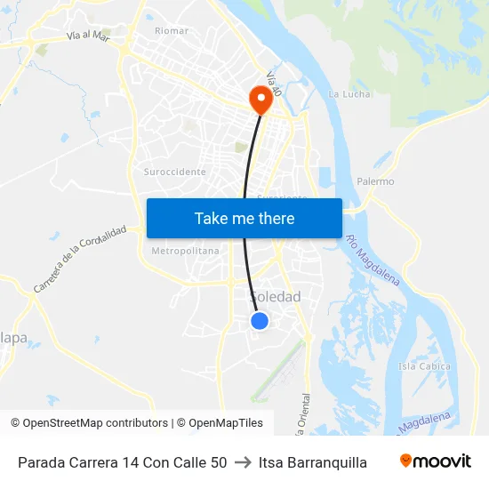 Parada Carrera 14 Con Calle 50 to Itsa Barranquilla map