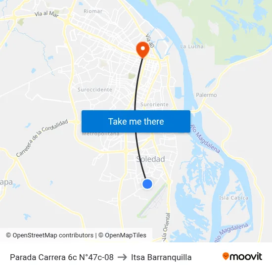 Parada Carrera 6c N°47c-08 to Itsa Barranquilla map