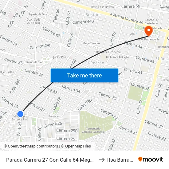 Parada Carrera 27 Con Calle 64 Megamas Lado Sur to Itsa Barranquilla map