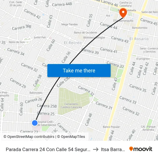 Parada Carrera 24 Con Calle 54 Seguro De Los Andes to Itsa Barranquilla map