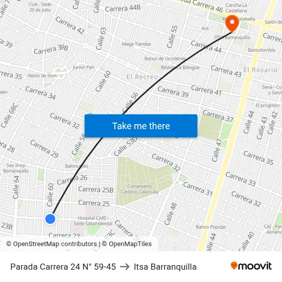 Parada Carrera 24 N° 59-45 to Itsa Barranquilla map