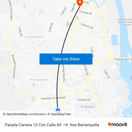Parada Carrera 15 Con Calle 69 to Itsa Barranquilla map