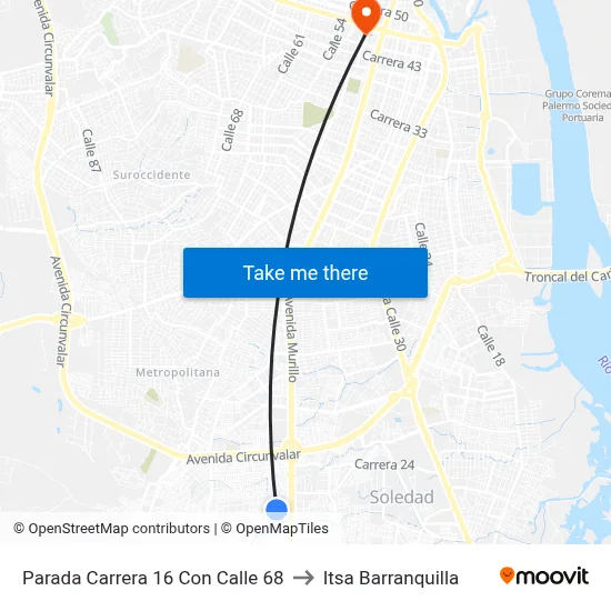Parada Carrera 16 Con Calle 68 to Itsa Barranquilla map