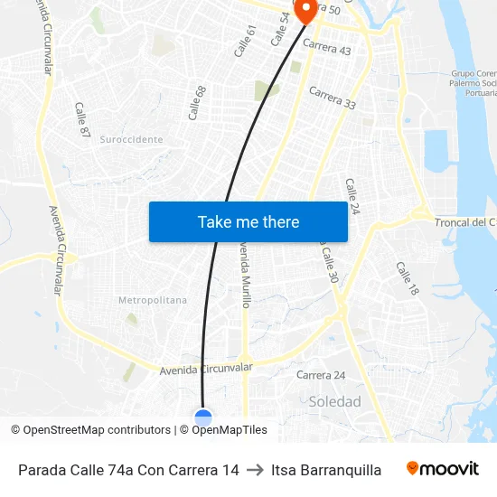Parada Calle 74a Con Carrera 14 to Itsa Barranquilla map