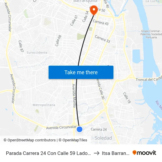 Parada Carrera 24 Con Calle 59 Lado Sur Soledad to Itsa Barranquilla map