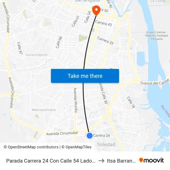 Parada Carrera 24 Con Calle 54 Lado Sur Soledad to Itsa Barranquilla map