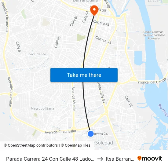 Parada Carrera 24 Con Calle 48 Lado Sur Soledad to Itsa Barranquilla map