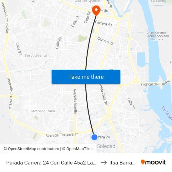 Parada Carrera 24 Con Calle 45a2 Lado Sur Soledad to Itsa Barranquilla map
