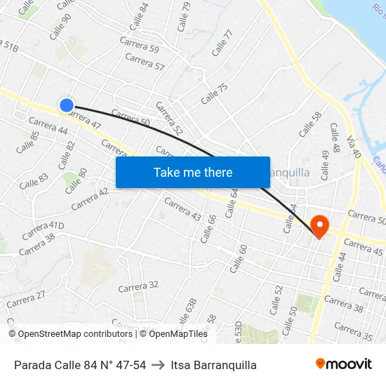 Parada Calle 84 N° 47-54 to Itsa Barranquilla map