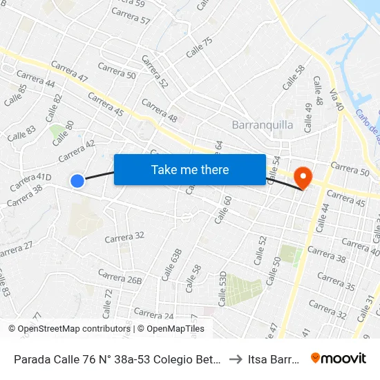 Parada Calle 76 N° 38a-53 Colegio Betania Lado Occidental to Itsa Barranquilla map