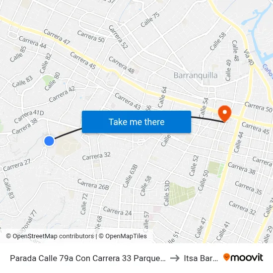 Parada Calle 79a Con Carrera 33 Parque Las Mercedes Lado Occidental to Itsa Barranquilla map