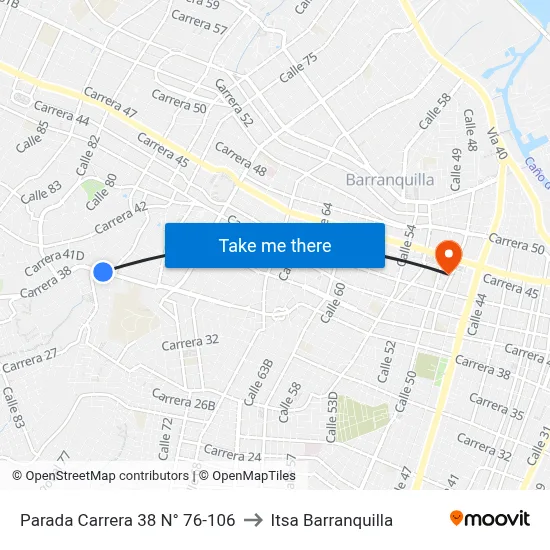 Parada Carrera 38 N° 76-106 to Itsa Barranquilla map